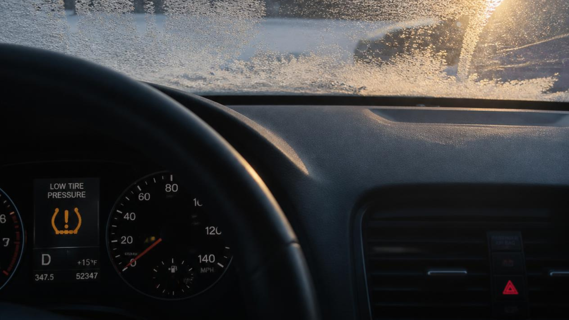 Tire-pressure warning light on a dashboard in cold weather