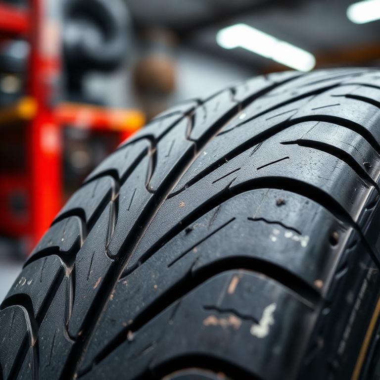 Close-up of a vehicle tire tread in a dealership service bay.